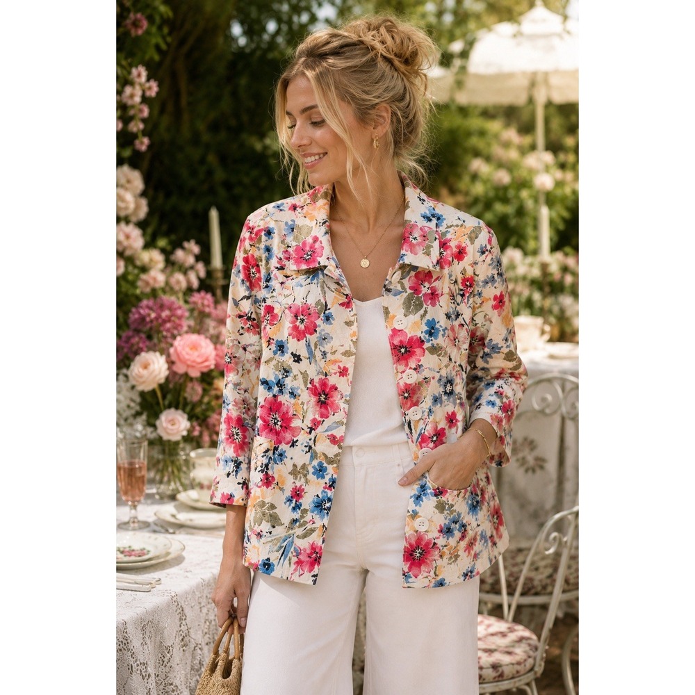 Koret Floral Garden Party Linen Blend Jacket Women's‎ Petite 10 Cottagecore Tea